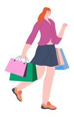 Young woman with bags, shopping hobby, vector