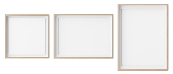 Fototapeta premium Set of square, horizontal und vertical picture frames isolated on white background. Wooden frames with white paper border inside. Template, mockup for your picture or poster. 3d rendering.