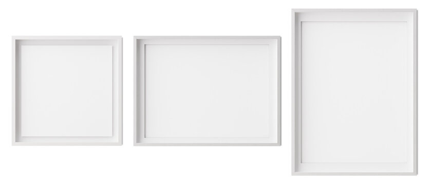 Set of square, horizontal und vertical picture frames isolated on white background. White frames with white paper border inside. Template, mockup for your picture or poster. 3d rendering.