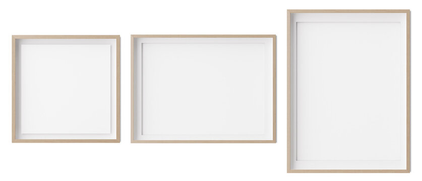 Set of square, horizontal und vertical picture frames isolated on white background. Wooden frames with white paper border inside. Template, mockup for your picture or poster. 3d rendering.