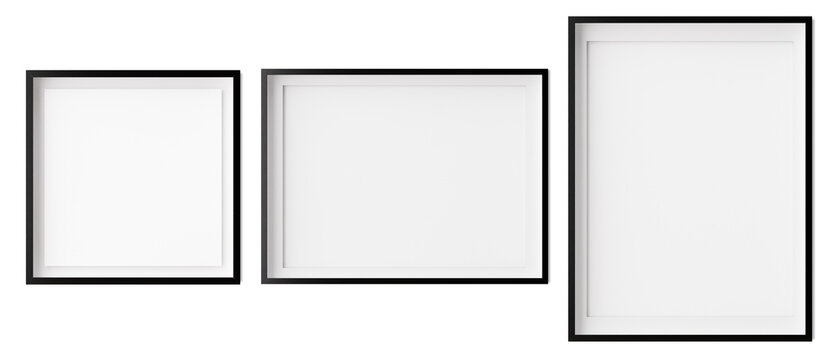 Set of square, horizontal und vertical picture frames isolated on white background. Black frames with white paper border inside. Template, mockup for your picture or poster. 3d rendering.