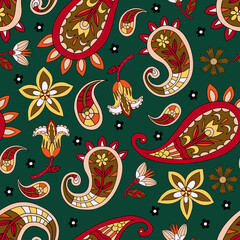 Fototapeta na wymiar Seamless pattern with flowers and paisley in hippie style. Vector