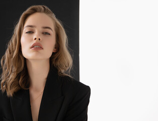 Obraz premium Natural look. Beauty model woman . Model test portrait with young beautiful fashion model posing on grey background. Blond woman in a black blazer . Natural makeup
