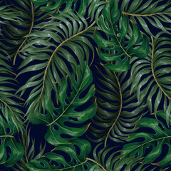 Seamless pattern with tropical leaves such as palm leaf, monstera and other.Vector. © Yumeee