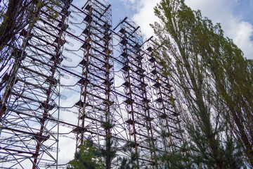 Large antenna field. Soviet radar system Duga at Chernobyl nuclear power plant. ABM missile...