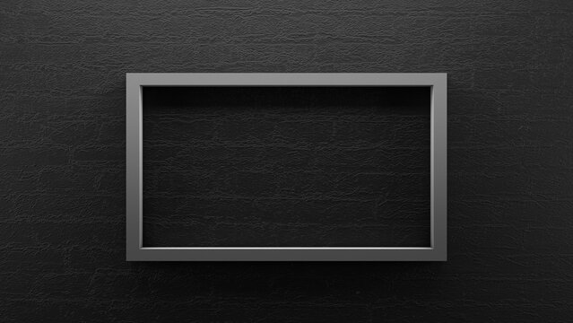 Frame with blank copy space to insert text, black brick wall background, scene template for presentation, 3D illustration