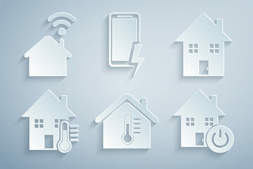 Set House temperature, Smart home, Mobile charging battery and with wi-fi icon. Vector