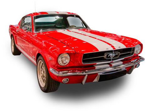 Classic Ford Mustang 1960s Fastback. White background.
