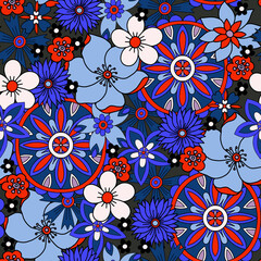 Seamless pattern with flowers in hippie style. Vector.
