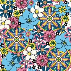 Fototapeta na wymiar Seamless pattern with flowers in hippie style. Vector.