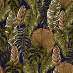 Seamless pattern with tropical leaves such as palm leaf, monstera and other.Vector.