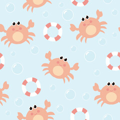 Seamless pattern with cute crab. Summer marine texture. Vector illustration.