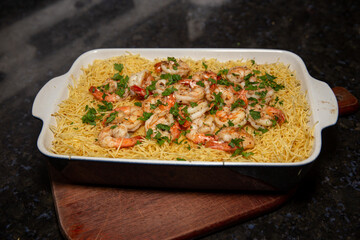 Original Brazilian International Shrimp Recipe in Closeup and Selective Focus. Camarão internacional coco bambu in fine details