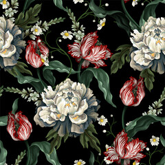 Fototapety  Seamless pattern with vintage tulips and peonies. Classic vector wallpaper.