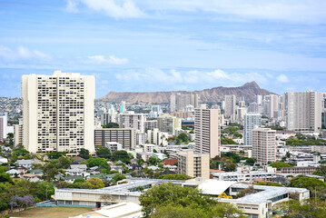 Overlooking residential condos in the city of Honolulu with Diamond Head in the background on Oahu,...