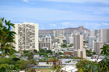 Overlooking residential condos in city of Honolulu with Diamond Head in the background on Oahu,...