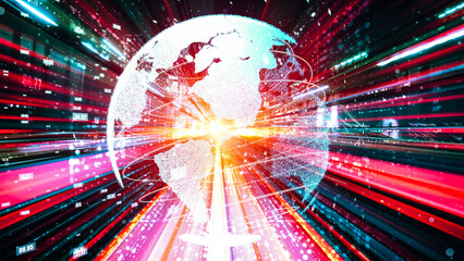 Futuristic global network and tacit digital data transfer 3D graphic . Concept of smart digital transformation and technology disruption that changes global trends in new information era .