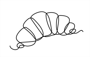 Continuous one line drawing of croissant for logo in minimalist style. Hand drawn french pastry line sketch for print, breakfast concept. Contemporary vector illustration on white background