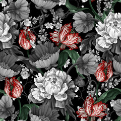 Seamless pattern with vintage tulips and peonies. Classic vector wallpaper.