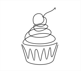 Cupcake with decoration and cherry continuous line drawing element isolated on white background for logo or decorative element. Vector illustration of sweet dessert form in trendy outline style.