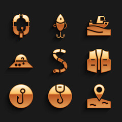 Set Worm, Fishing hook, Location fishing, jacket, Fisherman hat, boat water and Inflatable icon. Vector