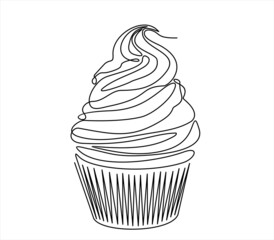 Cupcake with decoration continuous line drawing element isolated on white background for logo or decorative element. Vector illustration of sweet dessert form in trendy outline style.