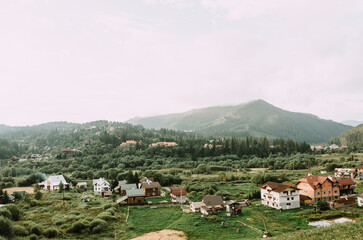 Fototapeta na wymiar view of the Carpathian mountains with forest and city
