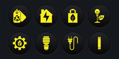 Set Leaf plant in gear machine, Light bulb with leaf, LED light, Electric plug, Shopping bag recycle, House and lightning, Fluorescent lamp and Tag icon. Vector