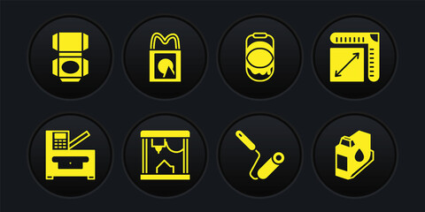 Set Copy machine, Paper size, 3D printer, Paint roller brush, bucket, shopping bag, Printer ink cartridge and Carton cardboard box icon. Vector