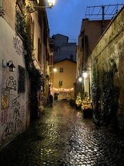Aesthetic photo of the streets of Rome  Trastevere at Christmas on a rainy night lights