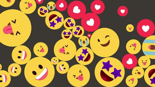 Falling through the air yellow emoji with different facial expressions alpha channel. Emoji icons falling transition 