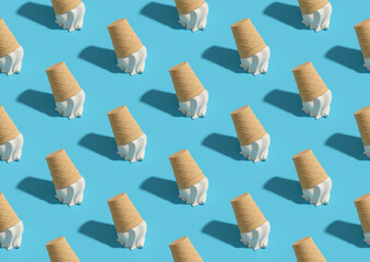 Vanilla ice cream cones fallen to the ground. Isometric seamless pattern. 3d illustration.