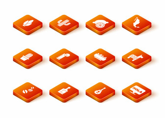 Set Coffee beans, Tequila bottle, Cactus or succulent in pot, glass with lemon, Mexican guitar, Nachos bowl, Hola and Pinata icon. Vector © vector_v