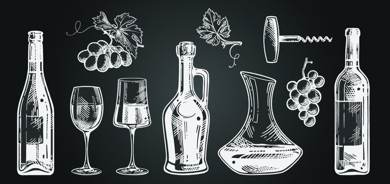 Set of wine glasses, bottle, decantor and grape. Vintage vector engraving illustration for web, poster, invitation to party. Hand drawn design element isolated on dark background.