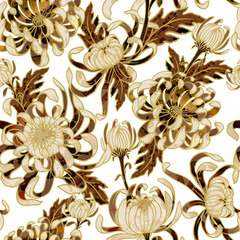 Seamless pattern with gold .chrysanthemums. Vector trendy print.