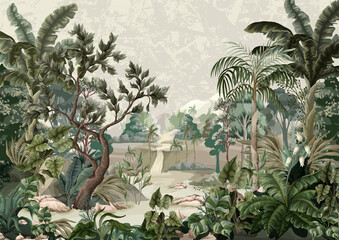 Dschungellandschaft mit Fluss und Palmen. Wandbild mit Innendruck. © Yumeee