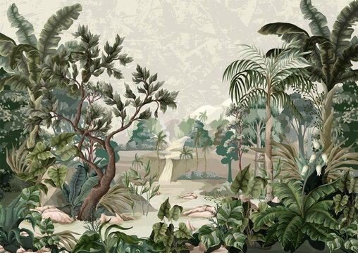 Jungle landscape with river and palms. Interior print mural. © Yumeee