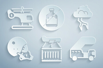 Set Plane, Storm, Modern pilot helmet, Passenger ladder, No alcohol and Helicopter icon. Vector