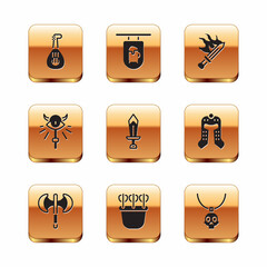 Set Lute, Medieval poleaxe, Quiver with arrows, Sword for game, Magic staff, Necklace amulet and Street signboard Bar icon. Vector