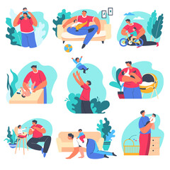 Dad and son, care for baby and leisure time vector