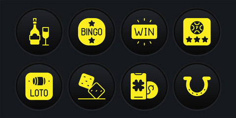 Set Lottery ticket, Online poker table game, Game dice, Casino win, Bingo, Horseshoe and Champagne bottle with glass icon. Vector