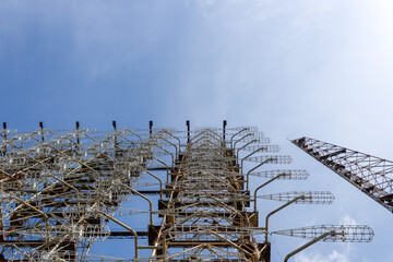 Large antenna field. Soviet radar system Duga at Chernobyl nuclear power plant. ABM missile defense. Antenna field, over-the-horizon radar. Military object of USSR ABM.