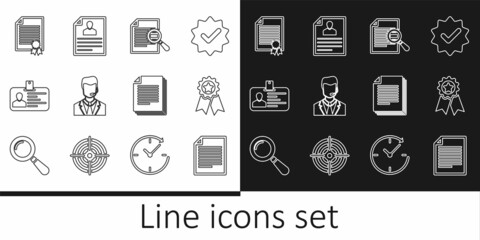 Set line Document, Medal with star, search, Man headset, Identification badge, Certificate template, and Resume icon. Vector