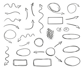 Hand drawn line symbols on isolated background. Chaotic geometric shapes with hatching. Wavy tangled arrows. Black and white illustration. Elements for posters and flyers