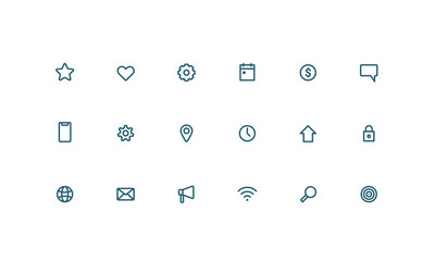 Business line icon for web. Star rating Like Location Destination Mobile Setting Clock Arrow Lock Globe Mail Sound Wifi Search Goal Calendar symbol. Vector