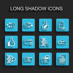 Set line Genetic engineering, Health record folder, Customer attracting, Clinical, Medicine pill tablet and DNA research, search icon. Vector