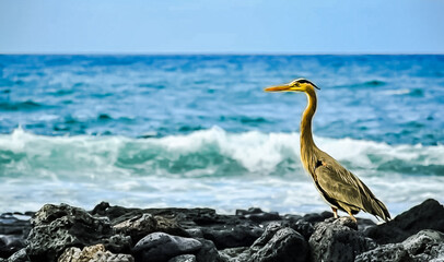 ave na praia observando o mar em galapagos