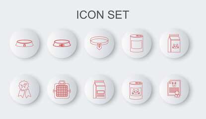 Set line Certificate for dog or cat, Dog award symbol, Collar and heart, Canned food, Pet bowl, carry case and Bag of icon. Vector