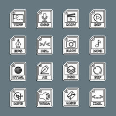 Set line XML file document, GIF, MP3, MOV, XSL, EPS, TIFF and RAW icon. Vector