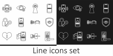 Set line Digital door lock with wireless, Shield and eye, Keyhole, Mobile password, Lock key, Smart car alarm system, and Invisible hide icon. Vector